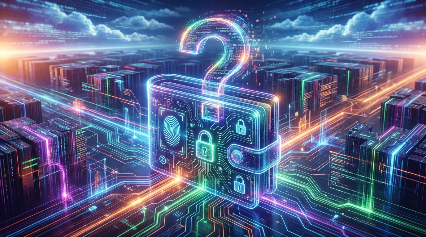 ภาพกระเป๋าเงินดิจิทัลพร้อมเครื่องหมายคำถาม สื่อถึงความไม่แน่นอนและความปลอดภัยในการเก็บ Bitcoin