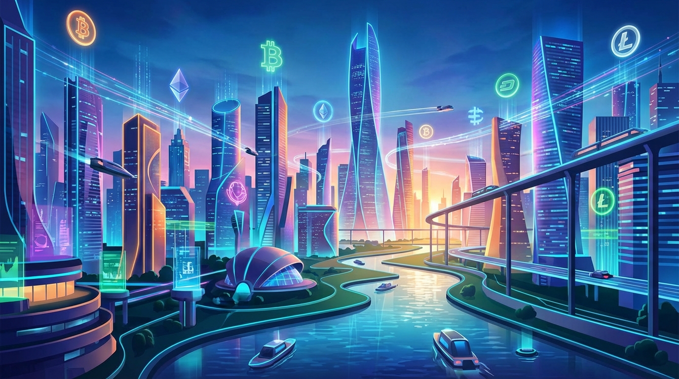 ภาพแสดงถึงอนาคตของเมืองที่มีสัญลักษณ์สกุลเงินดิจิทัลลอยอยู่ แสดงถึงการผสมผสานระหว่าง AI และการเงิน