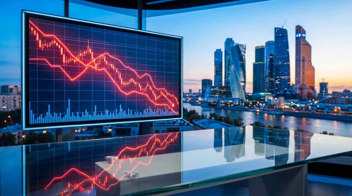 กราฟราคา Bitcoin แนวโน้มขาลง พร้อมภาพเมืองเป็นพื้นหลัง