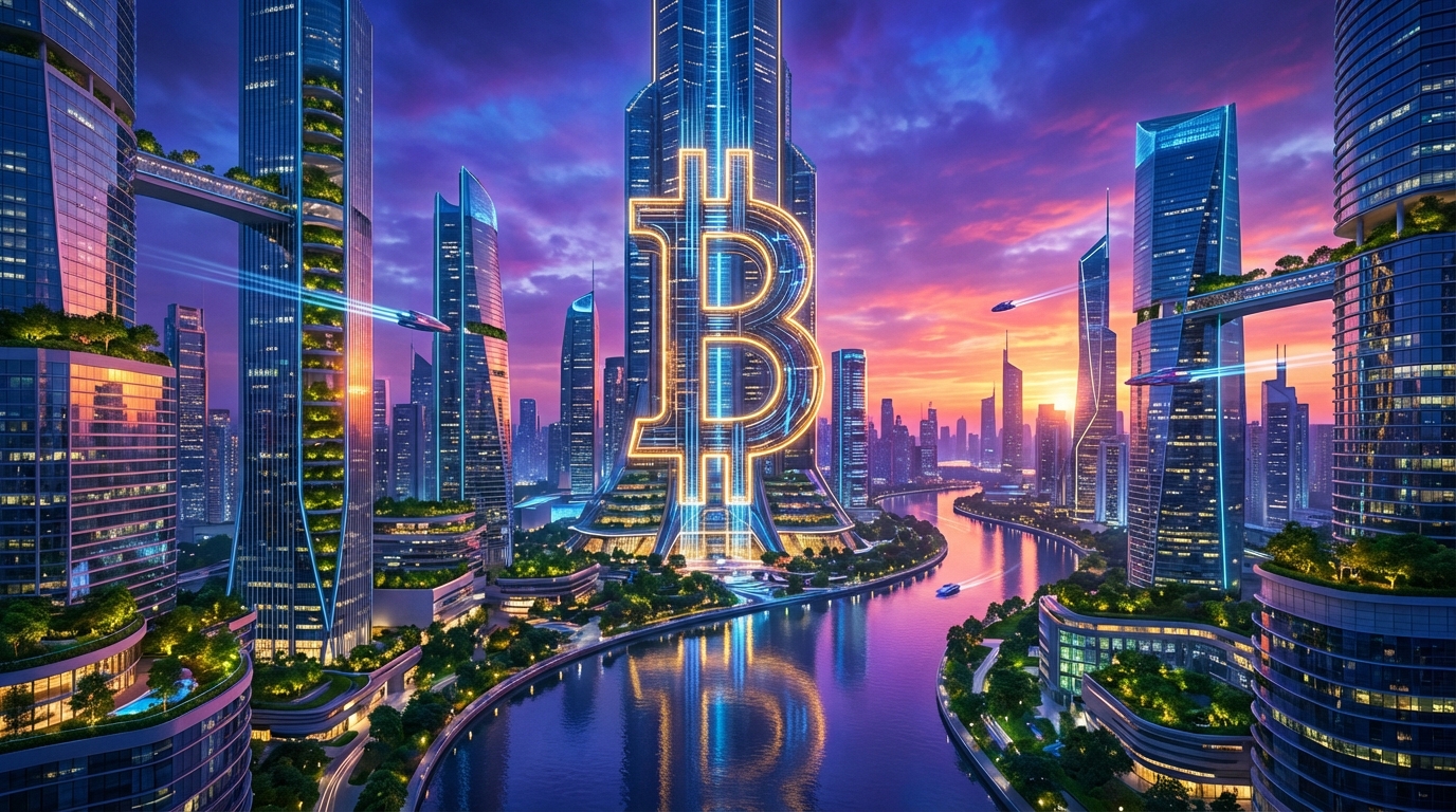 ภาพเมืองอนาคตที่มีสัญลักษณ์ Bitcoin แสดงถึง Bitcoin Strategic Reserve