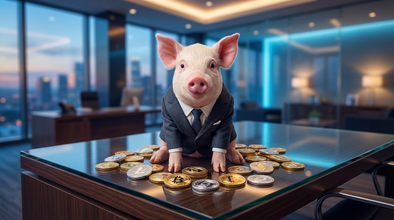 ภาพประกอบข่าว: หมูใส่สูทกับเหรียญคริปโต แสดงถึงกลลวงเชือดหมู