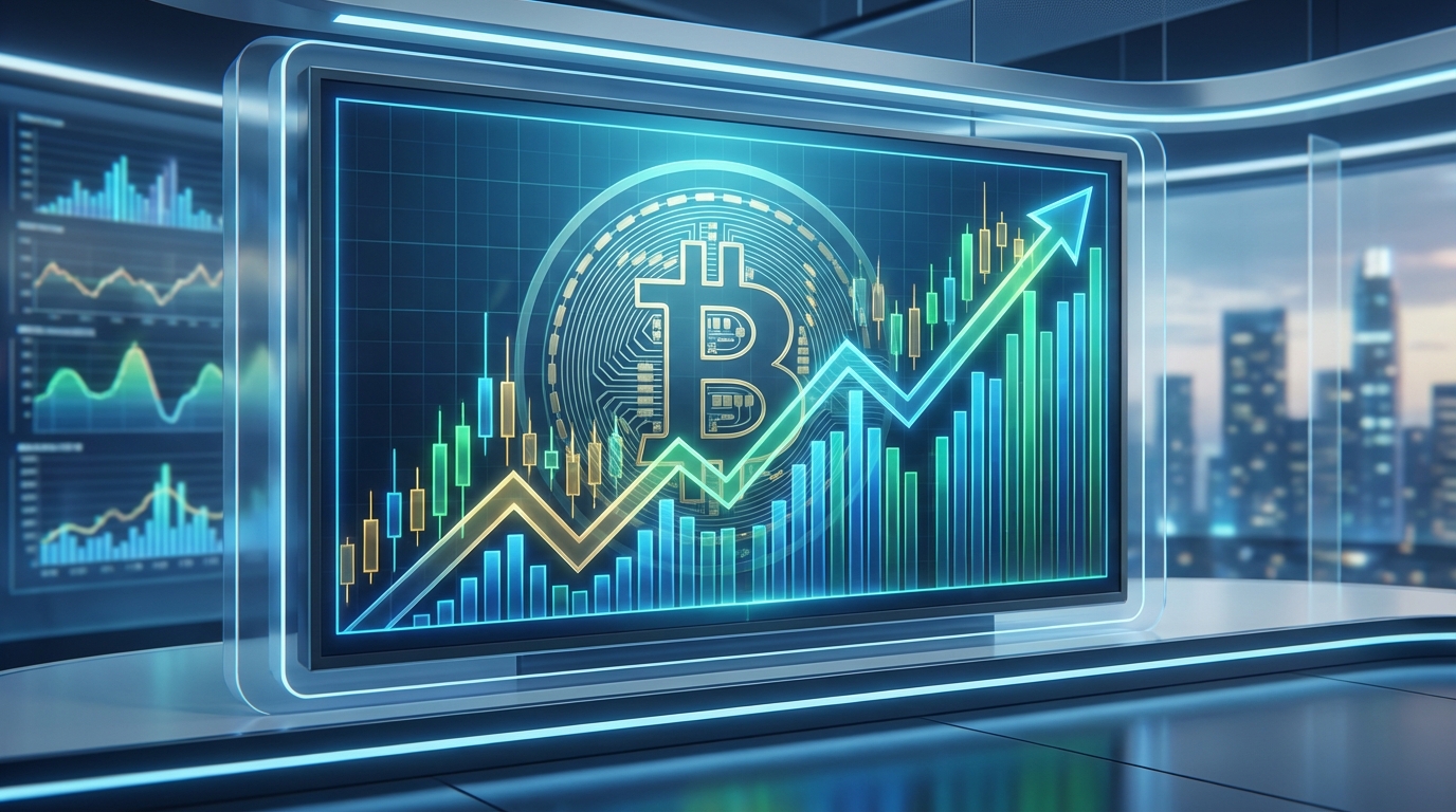 กราฟราคา Bitcoin แสดงแนวโน้มขาขึ้น พร้อมโลโก้ Bitcoin และ Bitcoin ETF