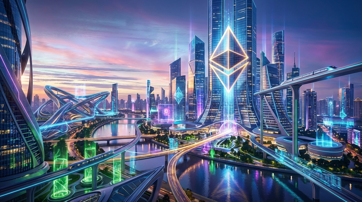 ภาพเมืองอนาคตที่มีโลโก้ Ethereum แสดงถึงอนาคตของ Ethereum