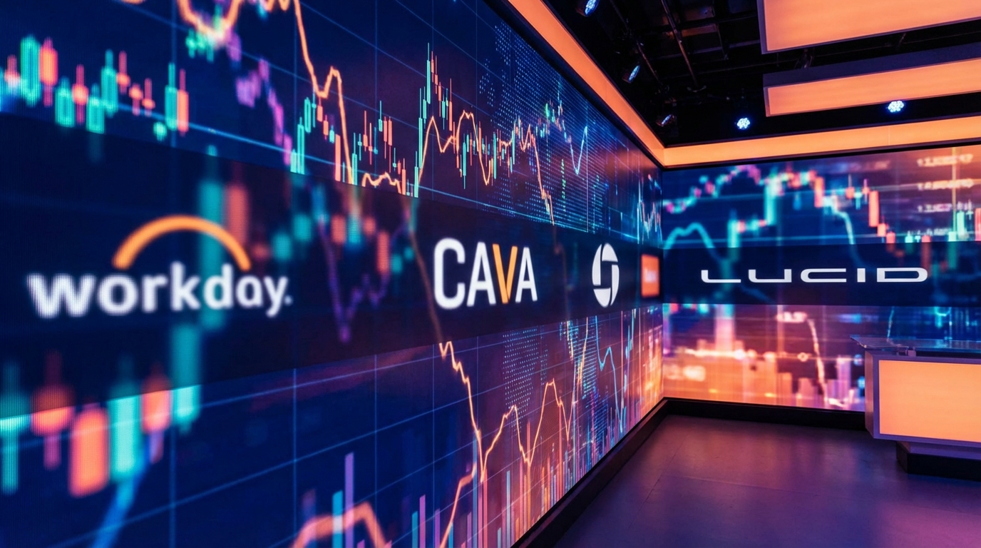 กราฟหุ้นและโลโก้บริษัท Workday, Cava และ Lucid Group