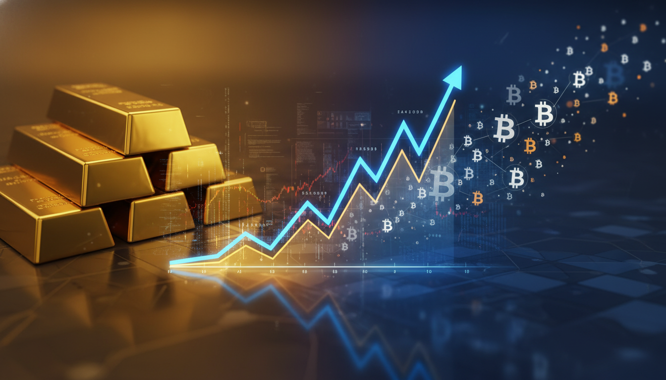 กราฟแสดงราคา Bitcoin พุ่งสูงขึ้น โดยมีพื้นหลังเป็นทองคำและโลโก้ Bitcoin