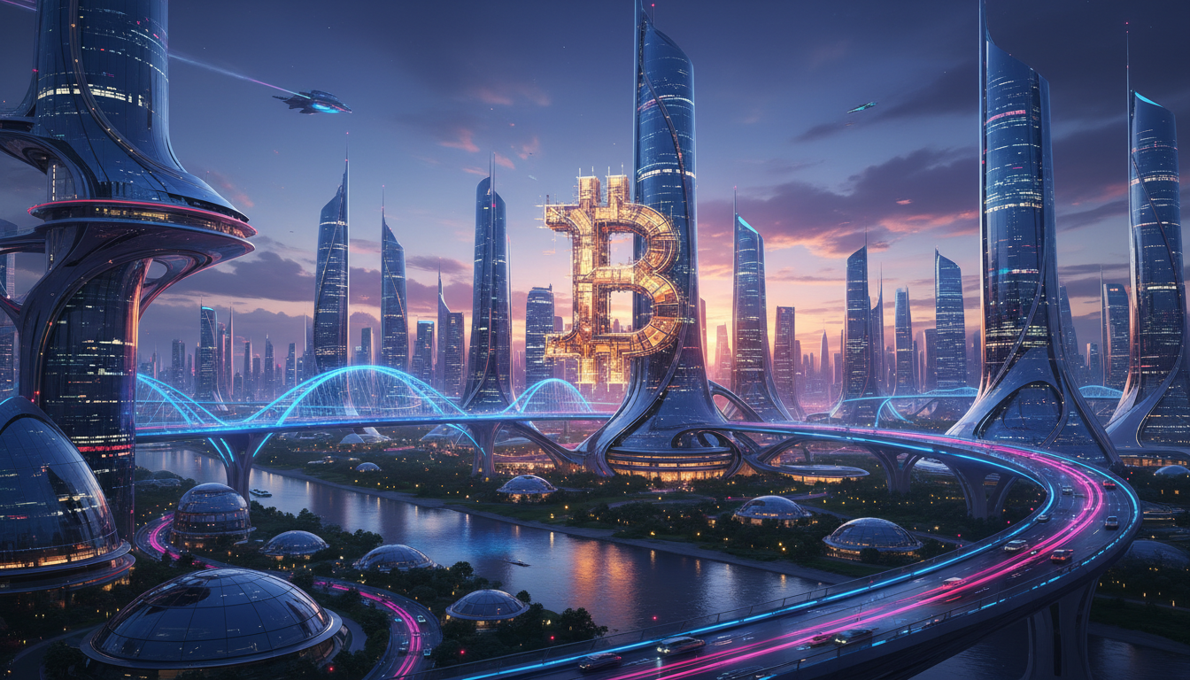 ภาพ Bitcoin ท่ามกลางเมืองแห่งอนาคต สื่อถึงโอกาสการลงทุน