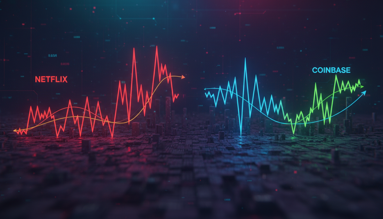 กราฟหุ้น Netflix และ Coinbase แสดงความผันผวนของราคา