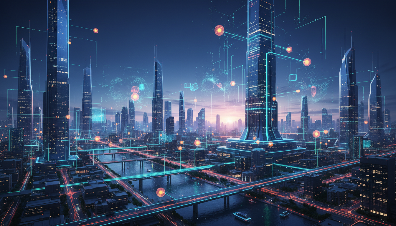 ภาพเมืองอนาคตที่มีวงจรและเครือข่ายเชื่อมต่อกัน แสดงถึงปัญญาประดิษฐ์และเครือข่ายคริปโตเคอร์เรนซี