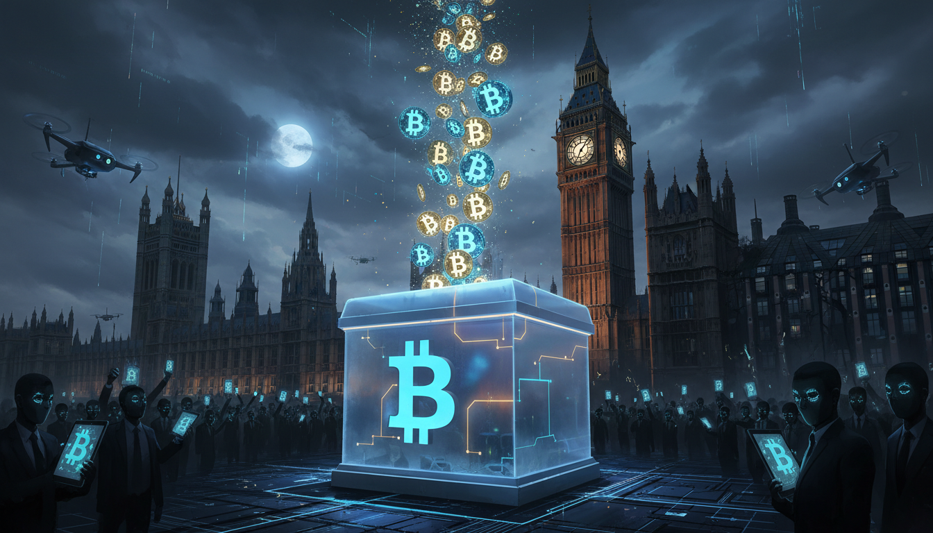 ภาพประกอบกล่องลงคะแนนเสียงที่มีสัญลักษณ์ Bitcoin บนพื้นหลังรัฐสภาอังกฤษ แสดงถึงการบริจาคทางการเมืองด้วยคริปโต