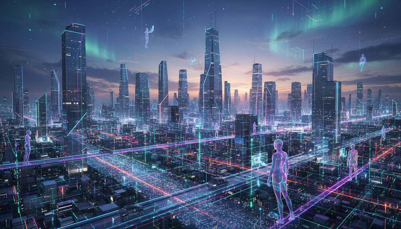 ภาพแสดง AI Agent ทำงานร่วมกับ Blockchain ในเมืองอนาคต