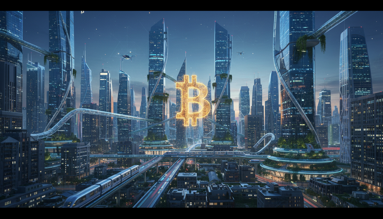 Bitcoin ในแผนเกษียณ: เมืองอนาคตกับโลโก้ Bitcoin