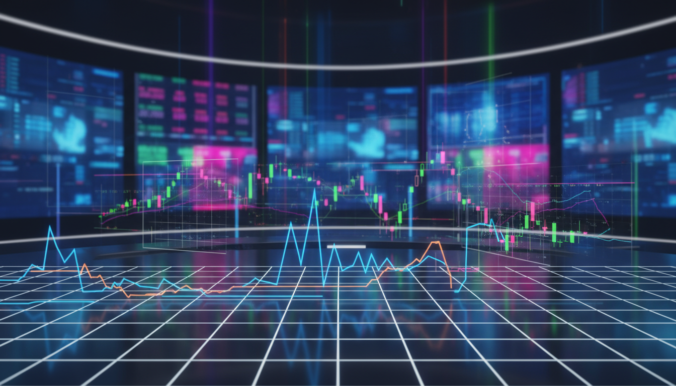 กราฟแสดงความผันผวนของราคา Bitcoin พร้อมพื้นหลังเป็นแผนภูมิการซื้อขาย