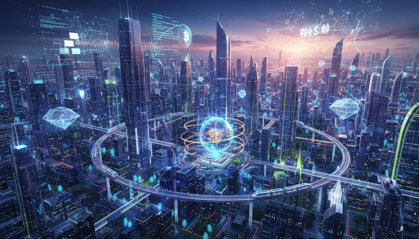 ภาพแสดงความเชื่อมโยงระหว่าง AI และ Blockchain ในเมืองอนาคต