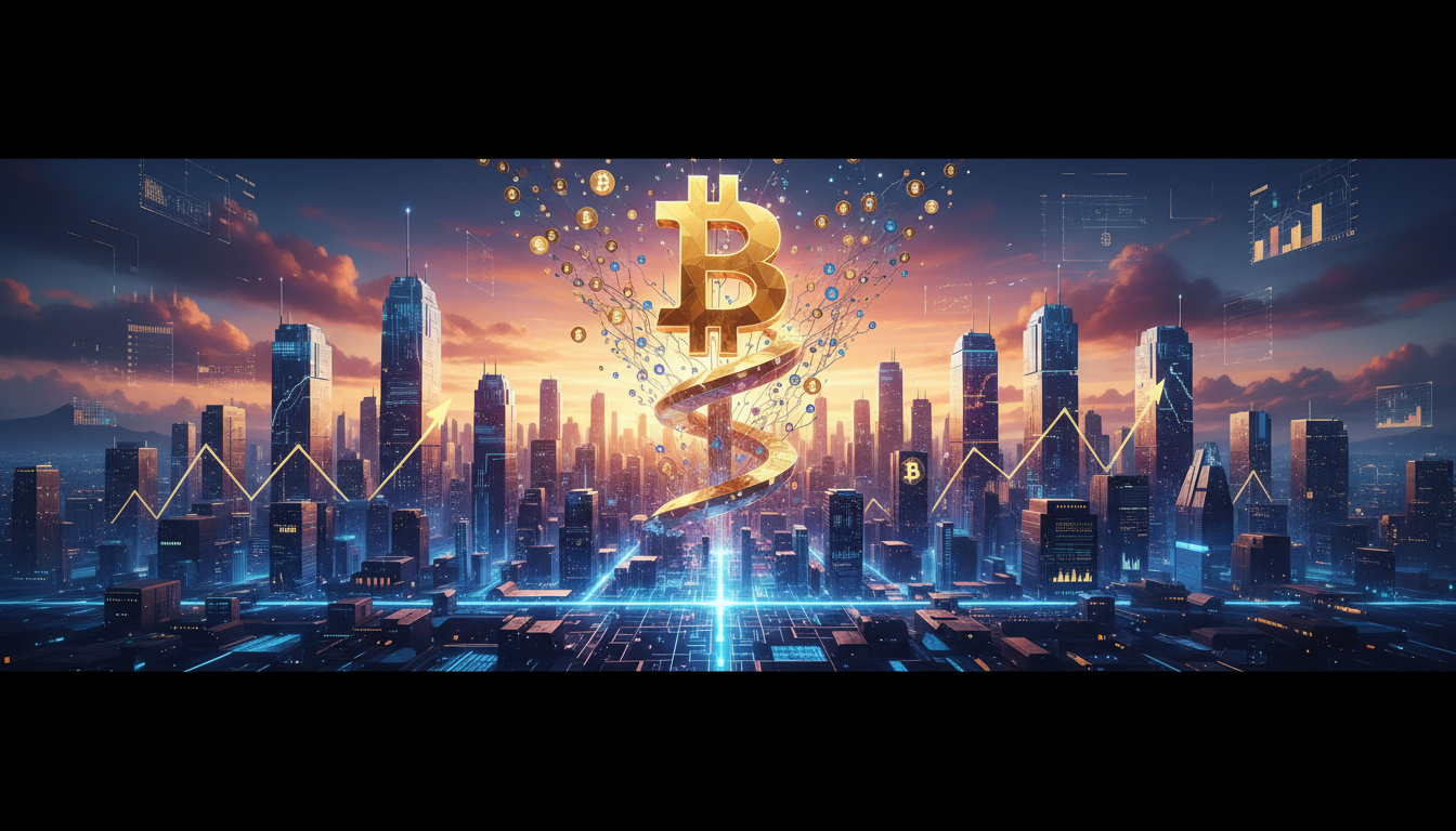 กราฟแสดงการเติบโตของการยอมรับ Bitcoin พร้อมภาพเมืองเป็นพื้นหลัง