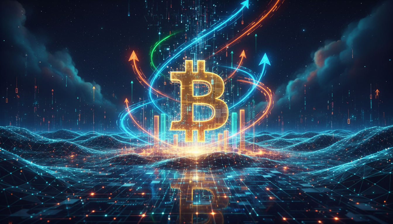 โลโก้ Bitcoin บนพื้นหลังดิจิทัล แสดงถึงการฟื้นตัวและเติบโตของตลาด