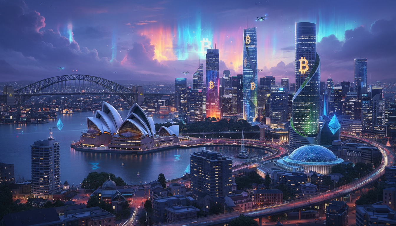 ภาพอนาคตของเมืองซิดนีย์ ออสเตรเลีย มีสัญลักษณ์ Bitcoin และ Ethereum แสดงถึงการเติบโตของคริปโตในออสเตรเลีย