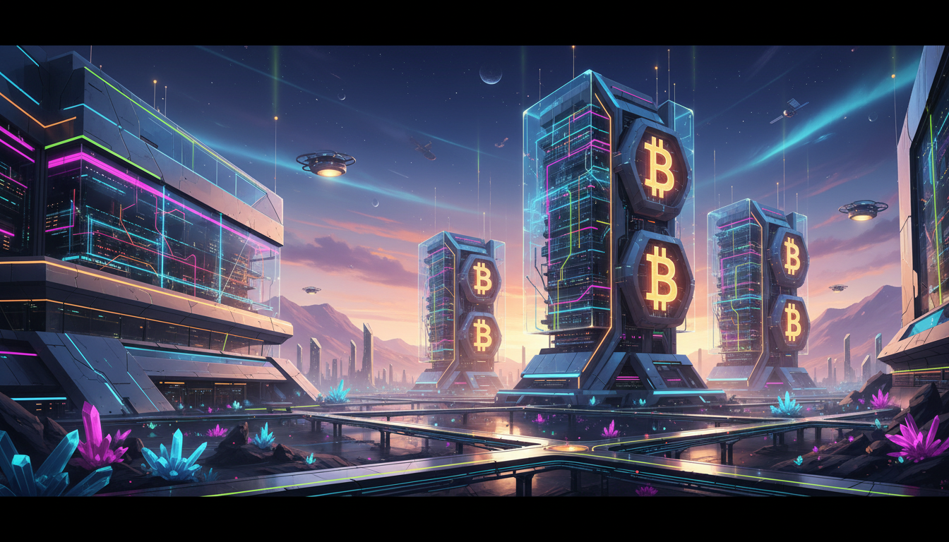 ศูนย์ข้อมูลที่ทันสมัยพร้อมสัญลักษณ์ Bitcoin แสดงถึงการลงทุนใน AI ของ MARA