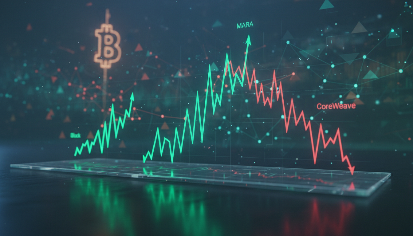 กราฟหุ้น MARA และ Block พุ่งขึ้น, CoreWeave ร่วงลง