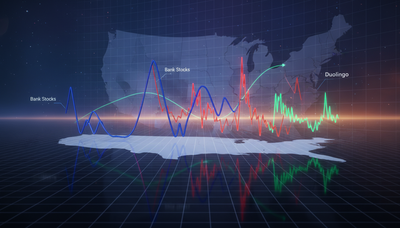 กราฟหุ้นสหรัฐฯ แสดงความผันผวนของตลาดหุ้น โดยเฉพาะหุ้นกลุ่มธนาคาร, Netflix และ Duolingo