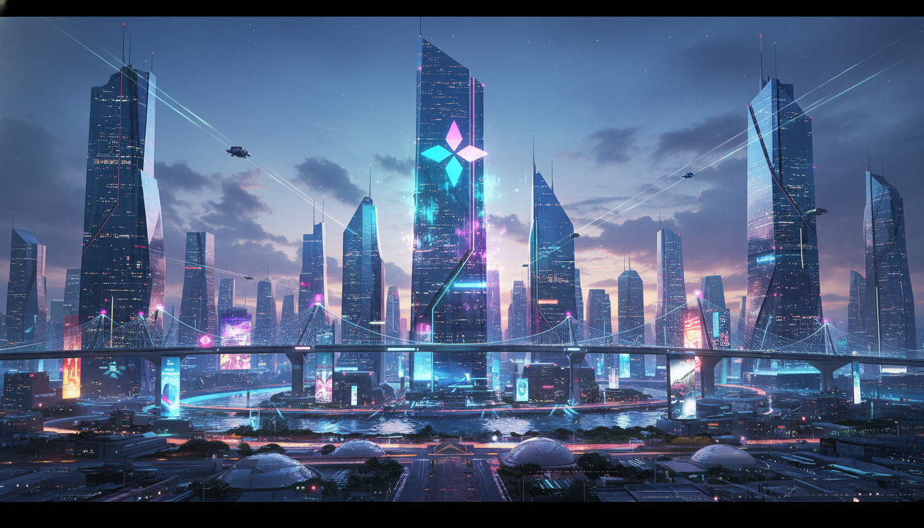 ภาพแสดงภูมิทัศน์เมืองอนาคตที่มีโลโก้ Solana แสดงถึงความก้าวหน้าของเทคโนโลยีบล็อกเชน Solana