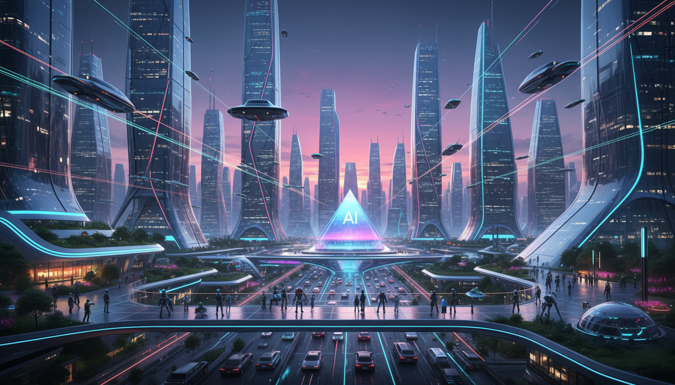 ภาพเมืองอนาคตที่มีหุ่นยนต์และ AI แสดงถึงการลงทุนของ Paradigm ในเทคโนโลยีใหม่