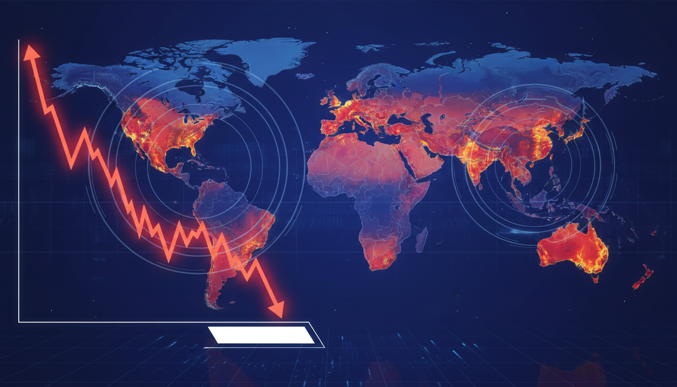 กราฟราคา Bitcoin ร่วงลง ท่ามกลางแผนที่โลกที่มีพื้นที่ความขัดแย้ง