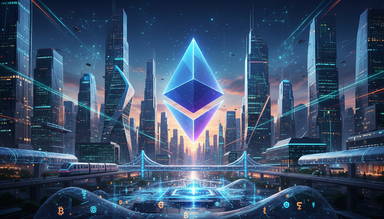 Ethereum โลโก้กับภาพเมืองแห่งอนาคต แนวคิดการเงินดิจิทัล
