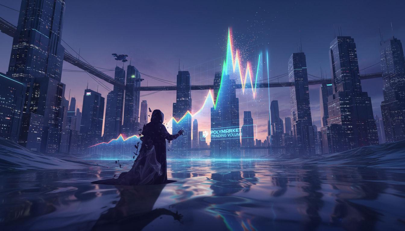 กราฟแสดงปริมาณการซื้อขายบน Polymarket พุ่งสูงขึ้นผิดปกติ พร้อมภาพเงาแสดงถึงข้อมูลภายใน