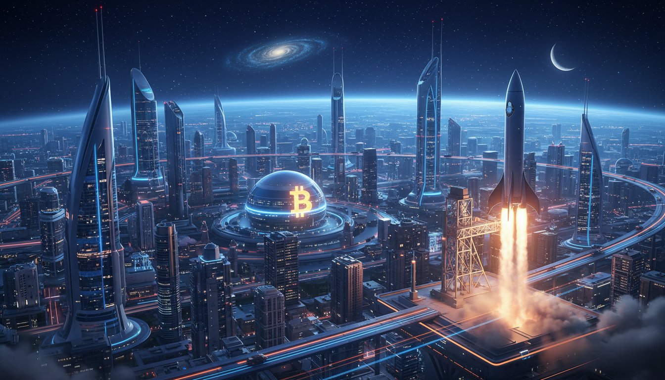 จรวด SpaceX ทะยานขึ้นสู่ท้องฟ้า พร้อมโลโก้ Bitcoin แสดงถึงการลงทุนในคริปโต