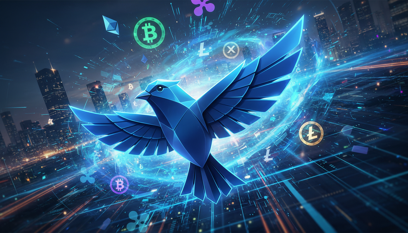 โลโก้นกสีฟ้าของ X (Twitter) พร้อมสัญลักษณ์คริปโตในพื้นหลัง