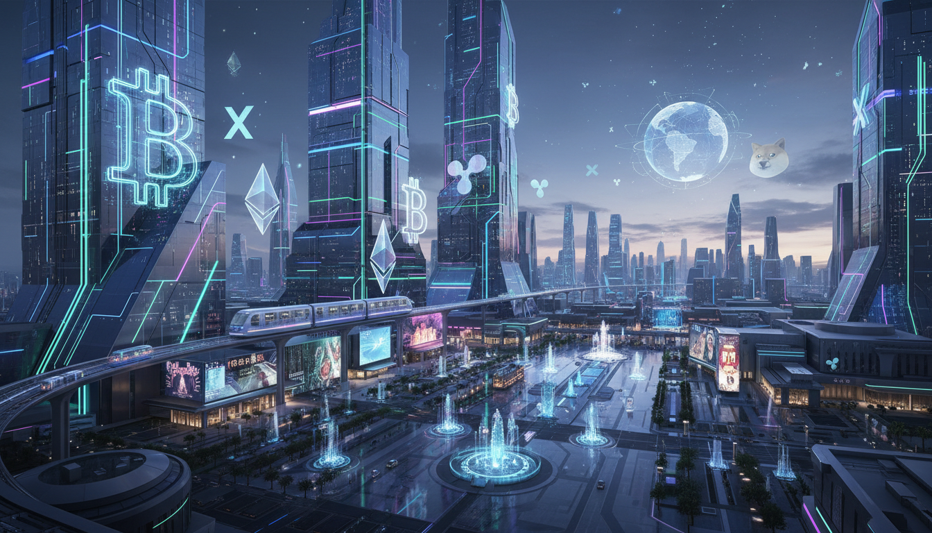 ภาพคาสิโนแห่งอนาคตที่มีสัญลักษณ์คริปโตเคอร์เรนซี