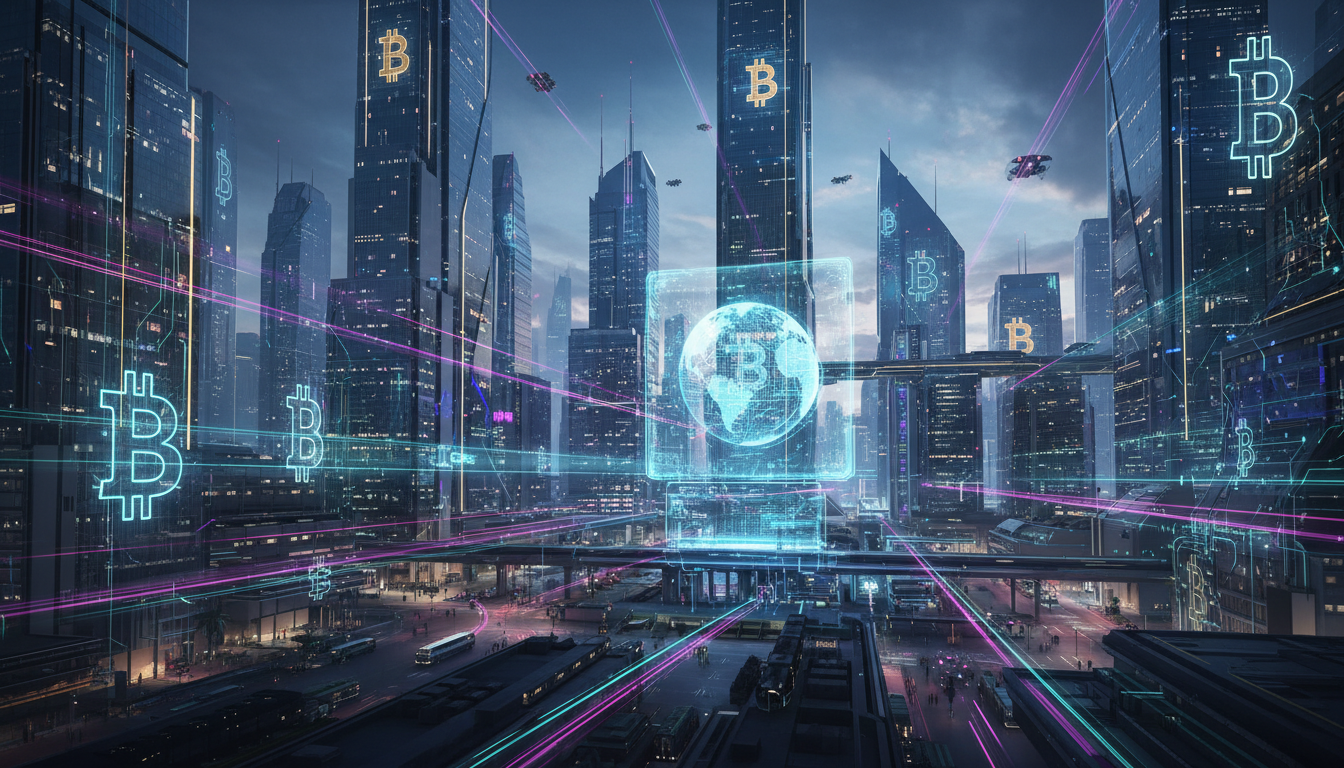 ภาพเมืองอนาคตที่มีโลโก้ Bitcoin แสดงถึงการรวมกันของ AI และคริปโต
