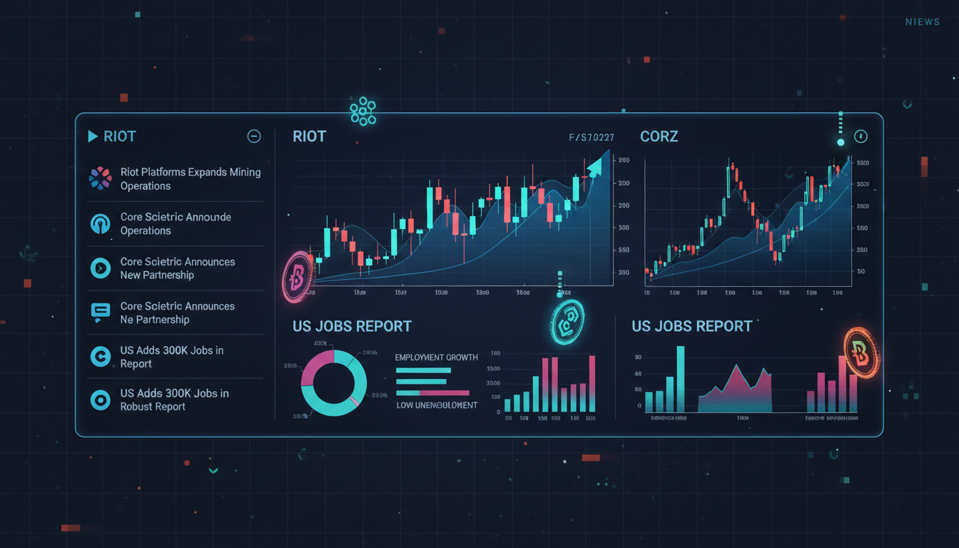 ภาพแสดงแดชบอร์ดวิเคราะห์ตลาดคริปโต พร้อมกราฟและข่าวเกี่ยวกับ Riot Platforms, Core Scientific และรายงานการจ้างงานของสหรัฐฯ