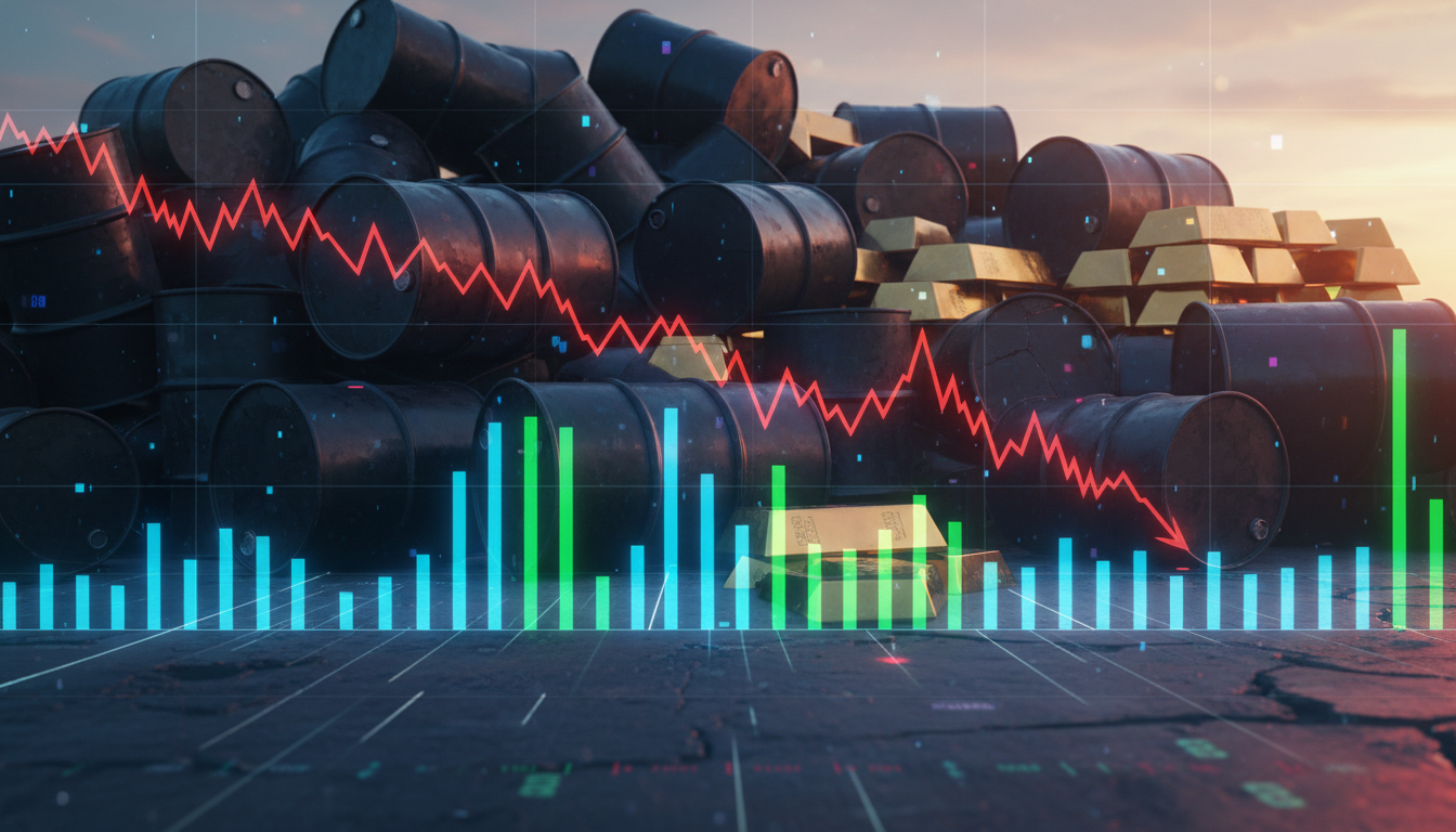 กราฟตลาดหุ้นสหรัฐฯ แสดงแนวโน้มขาลง ราคาน้ำมันและทองคำปรับฐาน