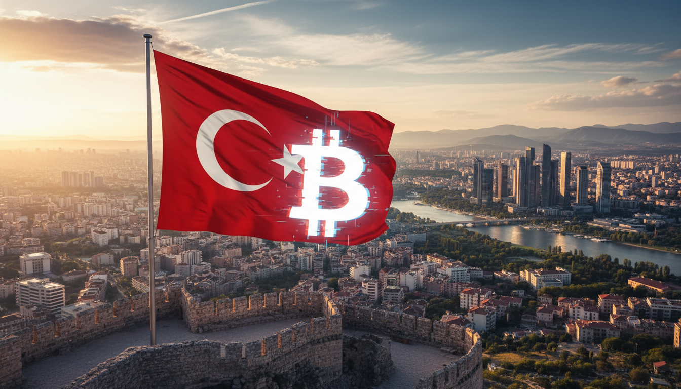 ธงชาติตุรกีมีสัญลักษณ์ Bitcoin ซ้อนทับ แสดงถึงการเก็บภาษีคริปโตในตุรกี