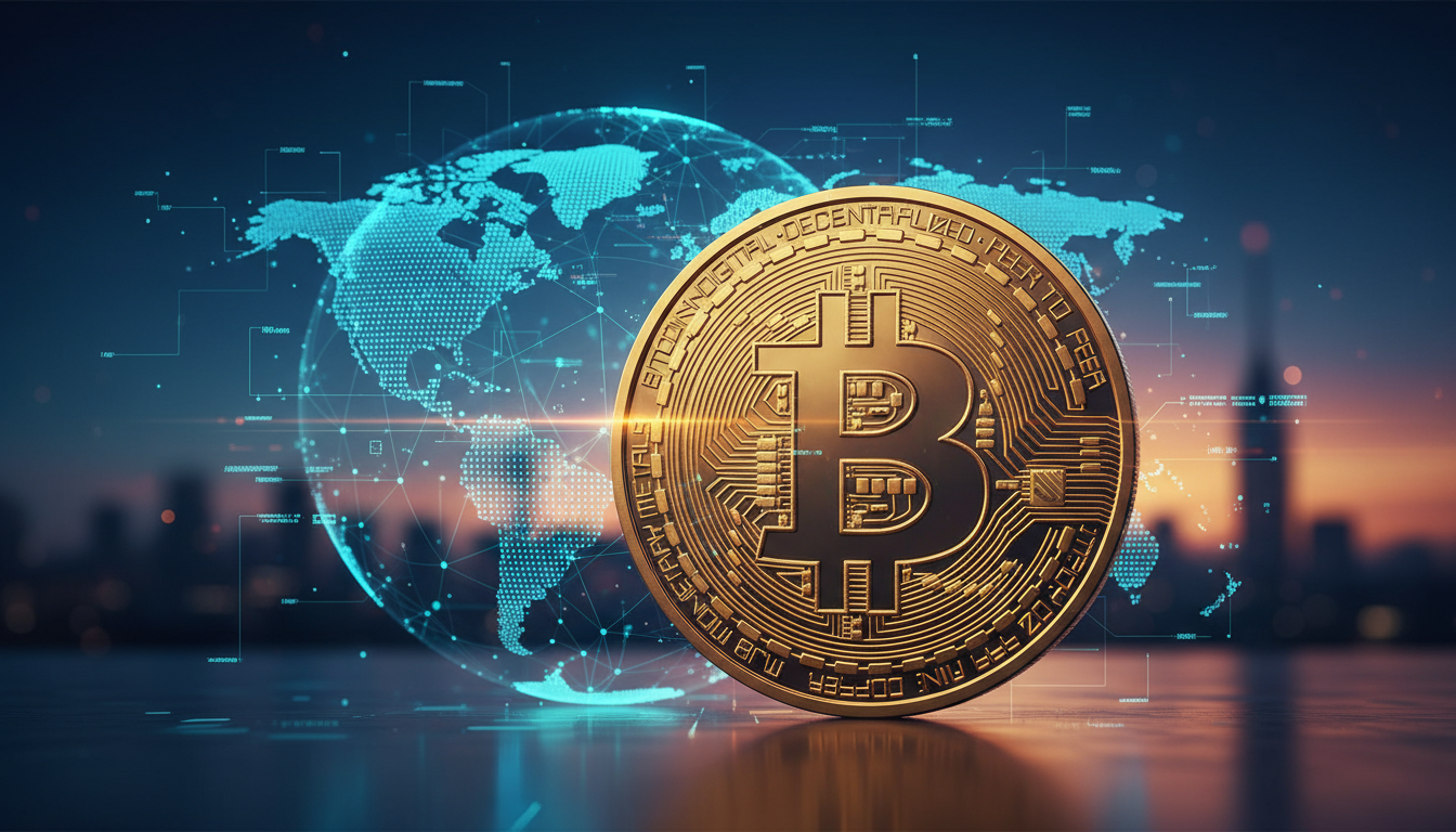 Bitcoin กับแผนที่โลก แสดงถึงการเงินโลกและคริปโตเคอร์เรนซี