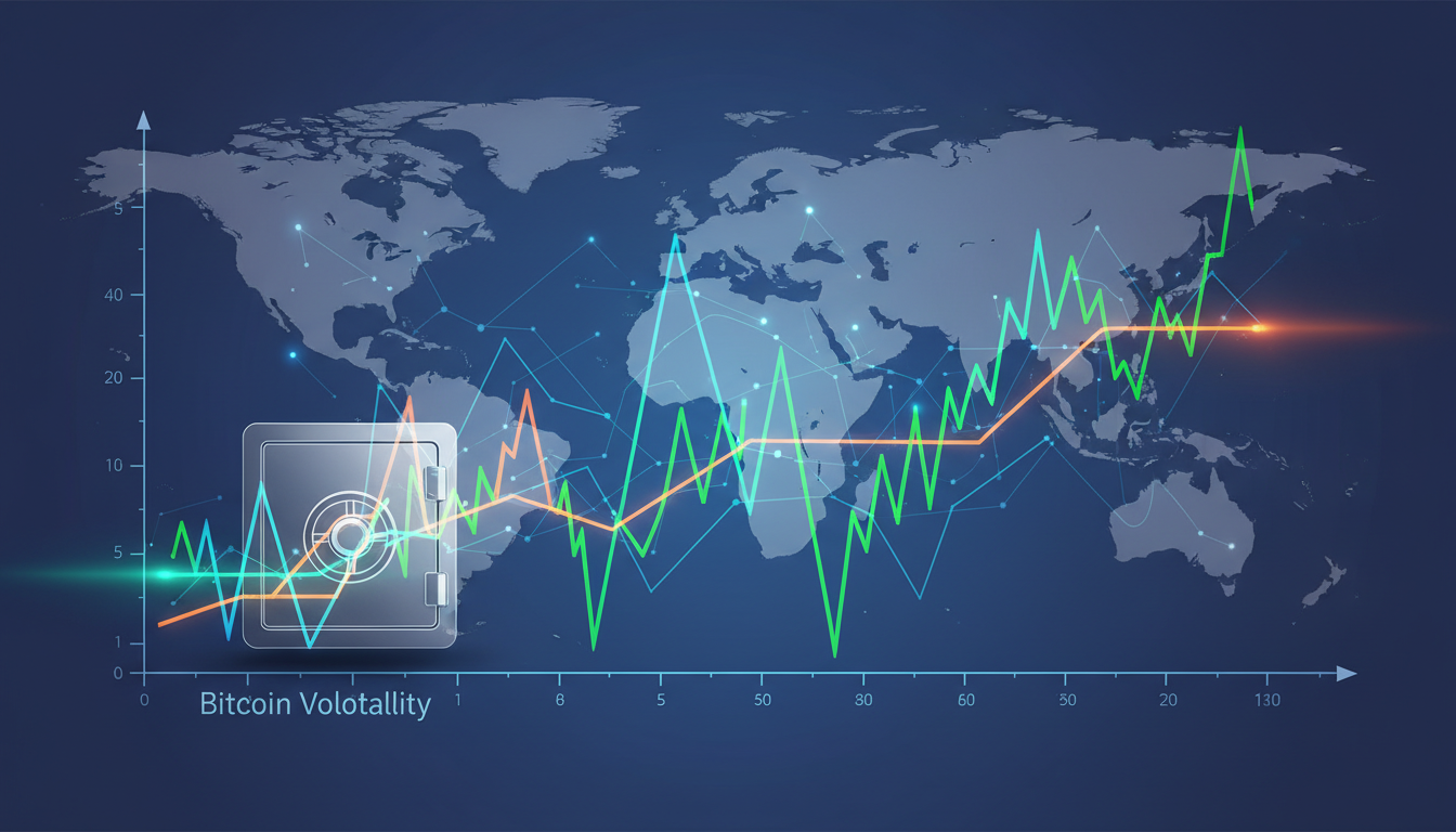 กราฟแสดงความผันผวนของราคา Bitcoin กับแผนที่โลกและรูปเซฟ
