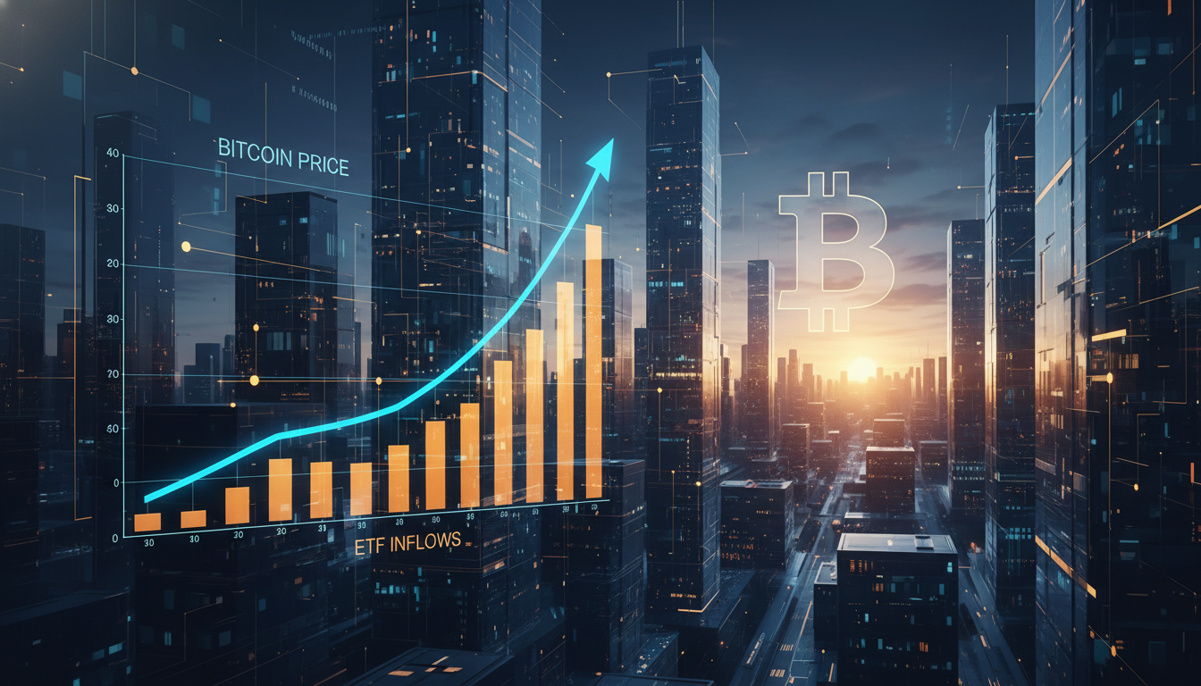 กราฟแสดงราคา Bitcoin เพิ่มขึ้นพร้อมเงินทุนไหลเข้า Bitcoin ETF