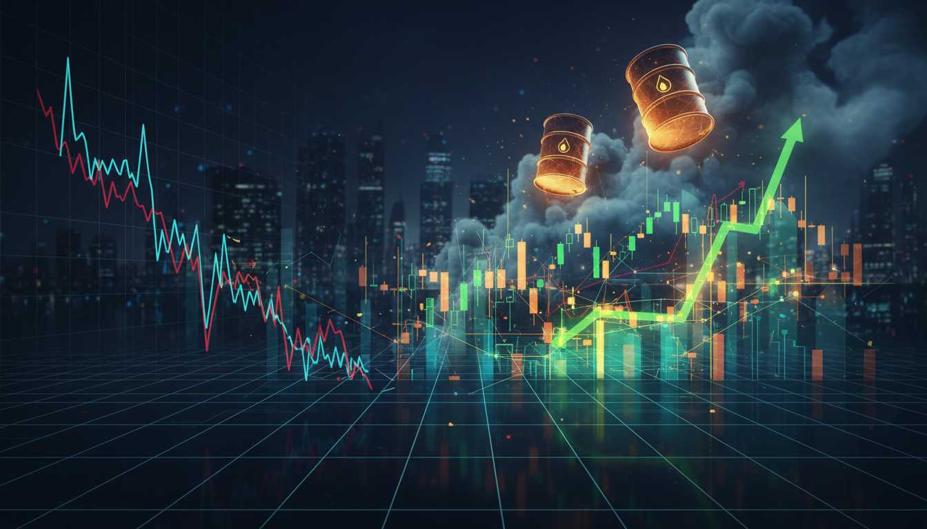 กราฟราคา Bitcoin ร่วงลง ตลาดหุ้นผันผวน ราคาน้ำมันพุ่งสูง