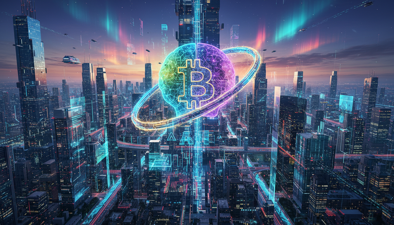 ภาพแสดง Bitcoin และ AI ในเมืองแห่งอนาคต