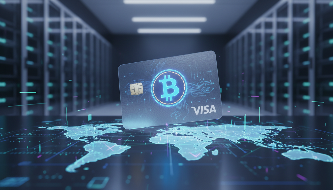 บัตร Visa ที่รองรับ Stablecoin พร้อมแผนที่โลกแสดงการเชื่อมต่อ