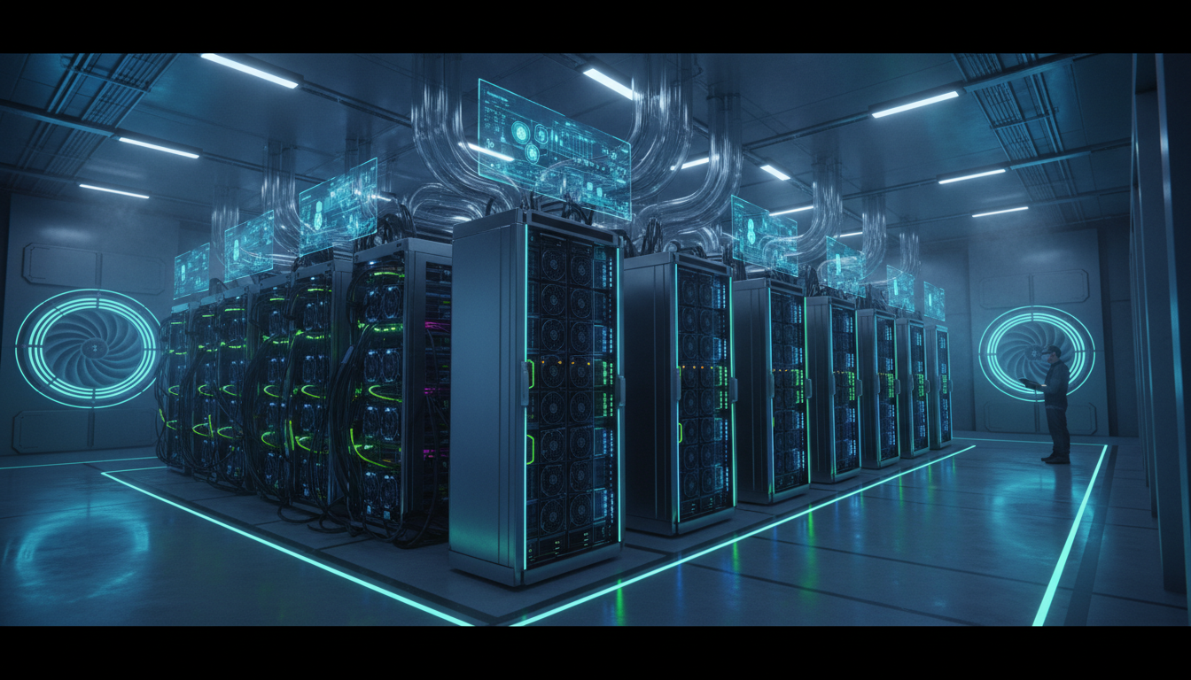 ภาพเครื่องขุด Bitcoin ASIC ในศูนย์ข้อมูล แสดงถึงเทคโนโลยีขั้นสูงและการขุดคริปโตเคอร์เรนซี