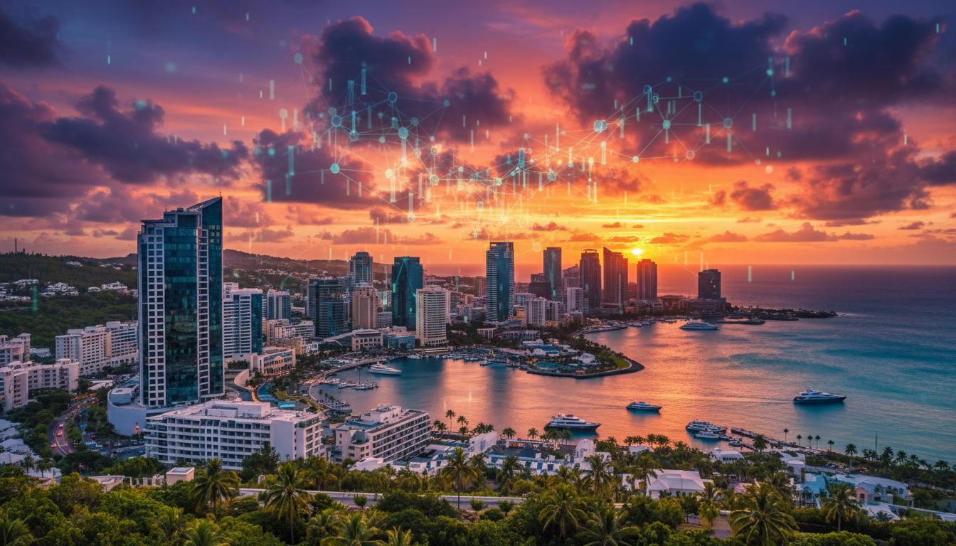 ภาพเมืองเบอร์มิวดาพร้อมเครือข่ายบล็อกเชน แสดงถึงเศรษฐกิจ Onchain