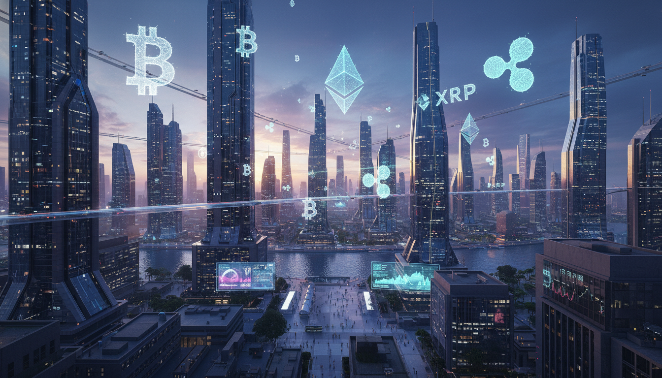 ภาพอนาคตของเมืองที่มีสัญลักษณ์สกุลเงินดิจิทัลลอยอยู่ แสดงถึงผลกระทบของนโยบายคริปโต