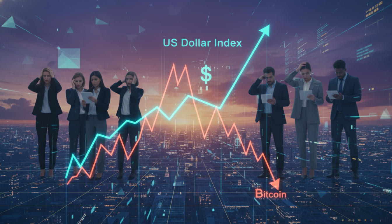 กราฟแสดงดัชนีดอลลาร์สหรัฐแข็งค่าขึ้นเมื่อเทียบกับ Bitcoin