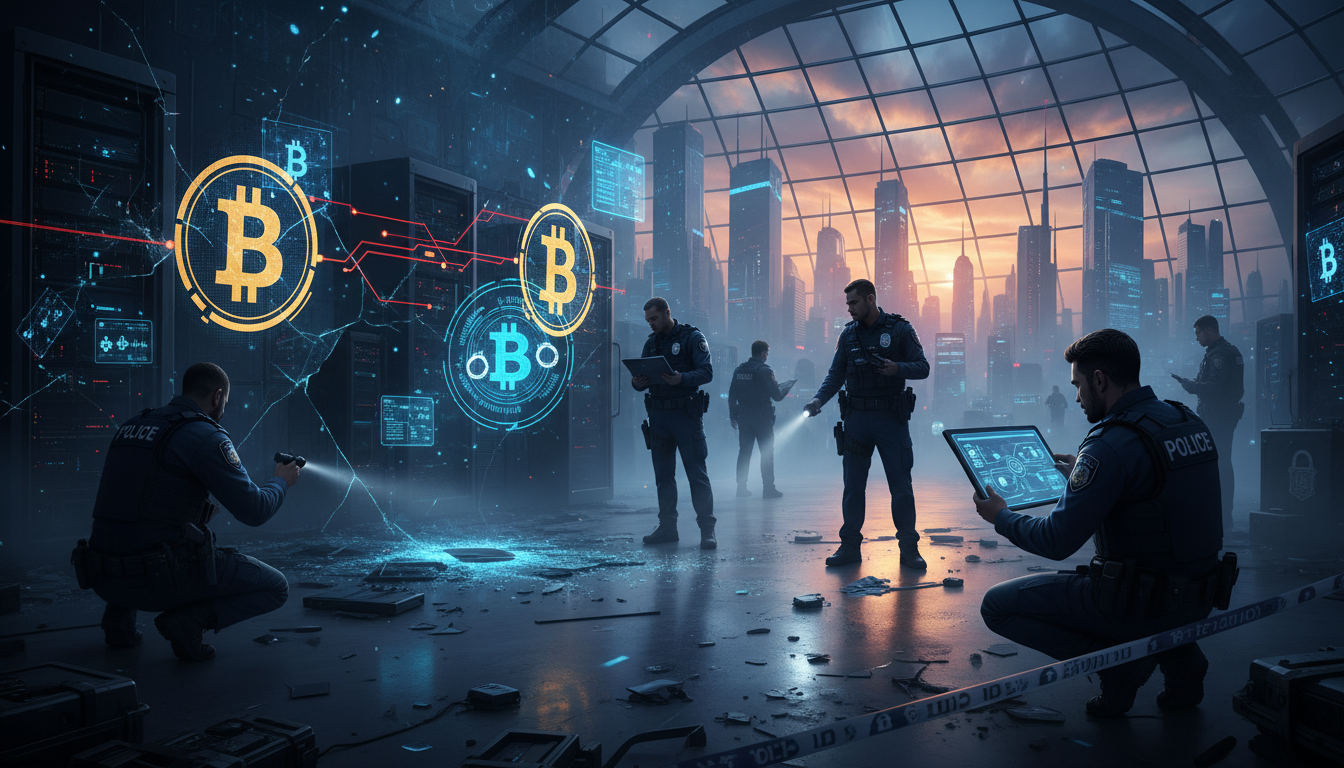 ภาพข่าวการสืบสวนคดีขโมย Bitcoin โดยมีสัญลักษณ์ Bitcoin และตราตำรวจ
