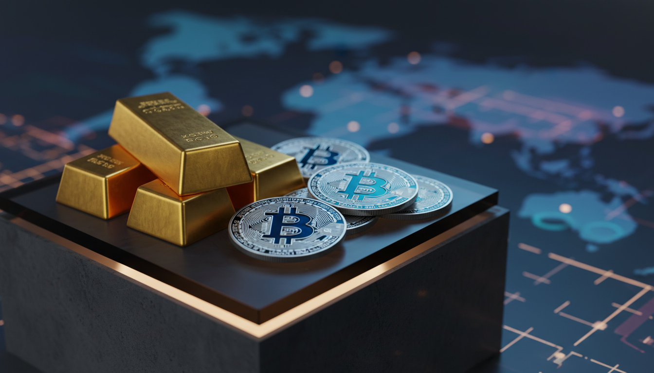 ทองคำแท่งและเหรียญ Bitcoin วางคู่กัน แสดงถึงมูลค่าและความแตกต่าง