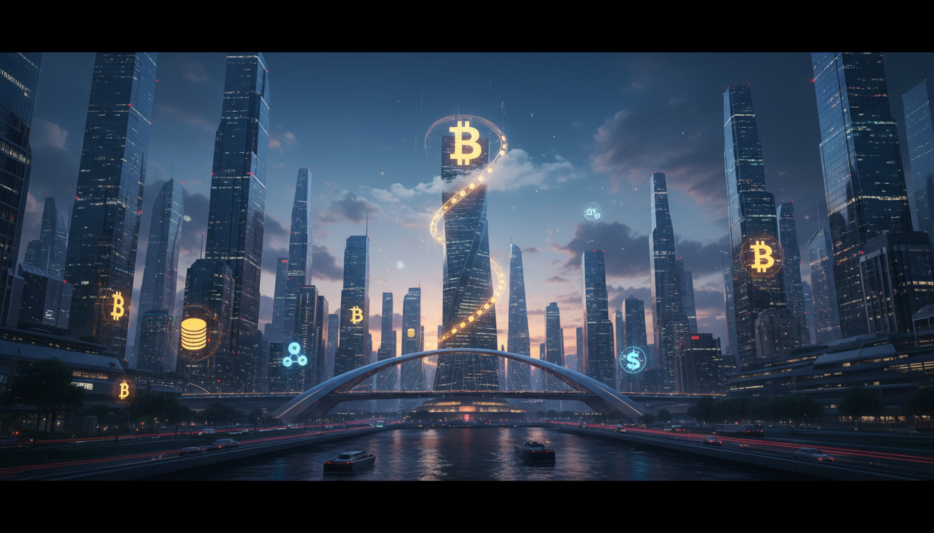 ภาพ Bitcoin ในเมืองอนาคต แสดงถึงการรวมตัวของเงินทุนดั้งเดิมและคริปโต