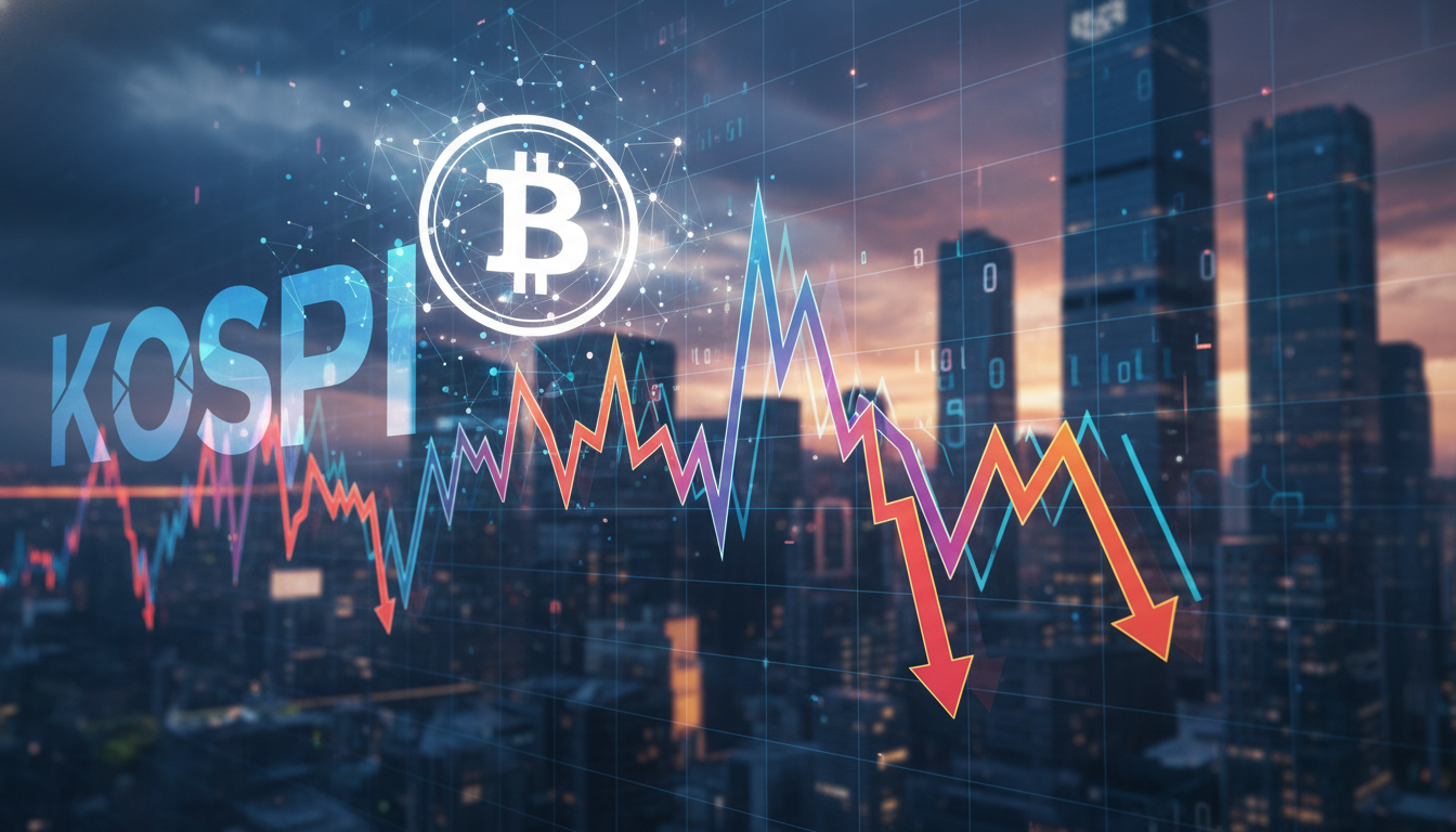 กราฟหุ้นเกาหลีร่วงหนัก มีโลโก้ Bitcoin เป็นพื้นหลัง แสดงถึงความเชื่อมโยงระหว่างตลาดหุ้นและคริปโต