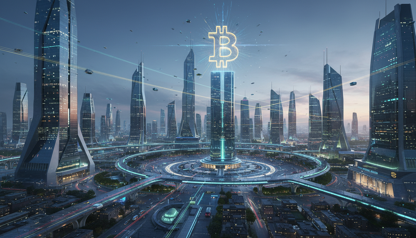 ภาพ Bitcoin บนฉากหลังเมืองแห่งอนาคต
